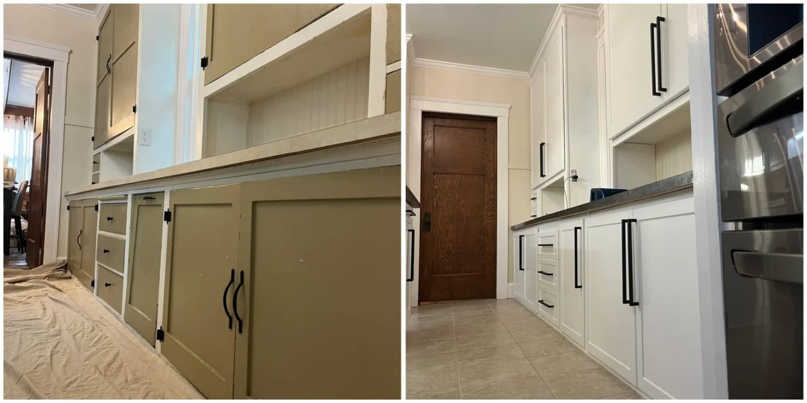 Supplied before and after example: older cream cabinet fronts updated with crisp white fronts and dark handles